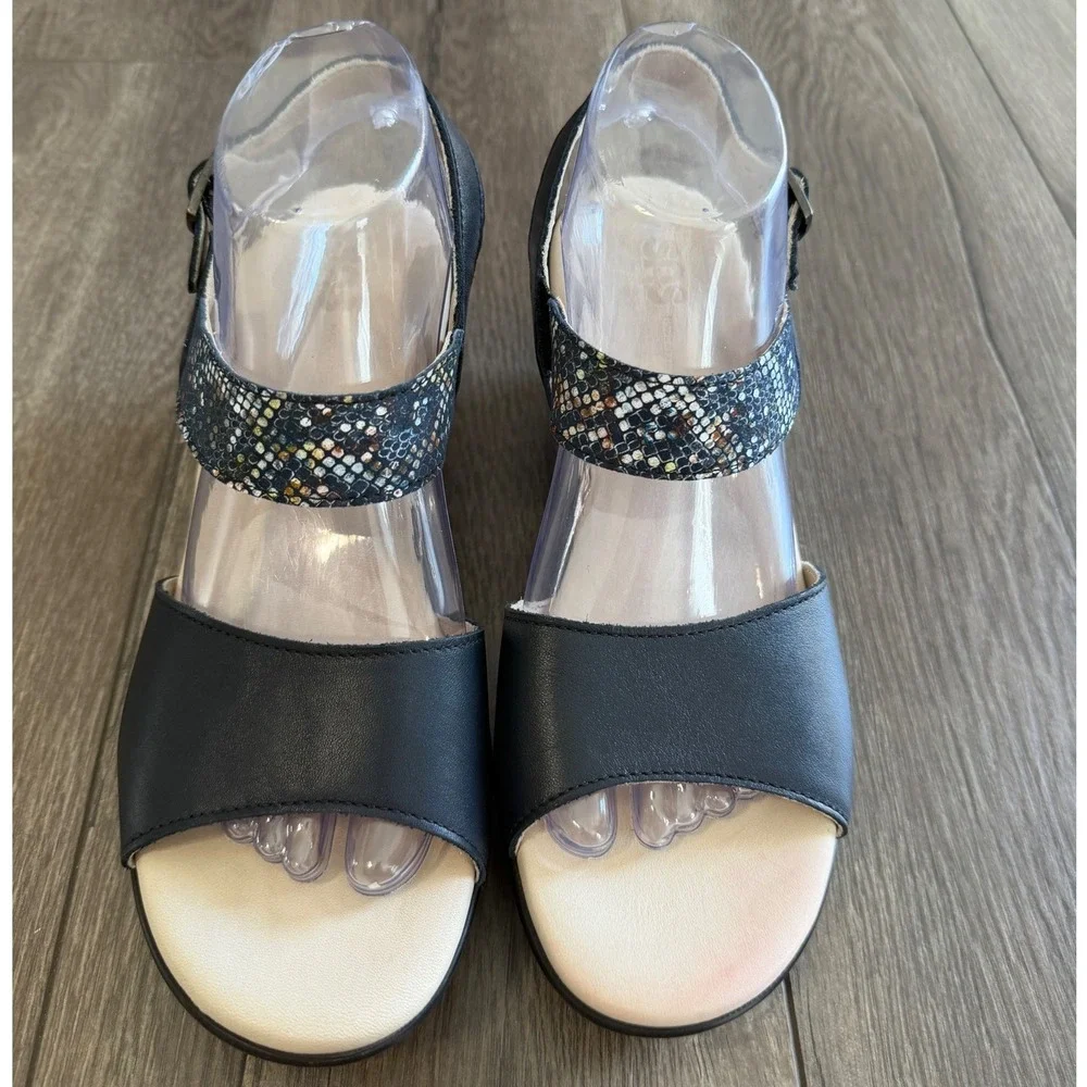 SAS Womens 9 M Navy Blue Leather Wedge Sandals Snakeskin Strap